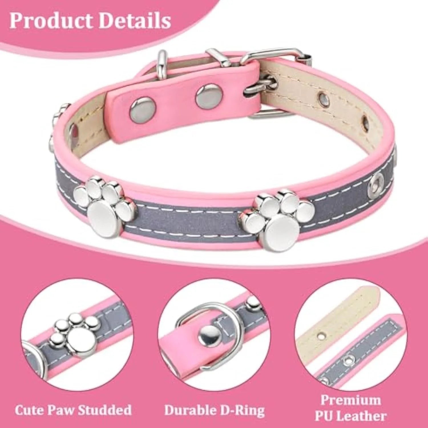 Reflective adjustable PU leather dog collar with a metal paw-shaped rivet on a size chart.