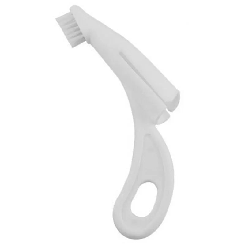 Red and white finger sleeve toothbrush for cleaning dog and cat teeth with soft silicone bristles.