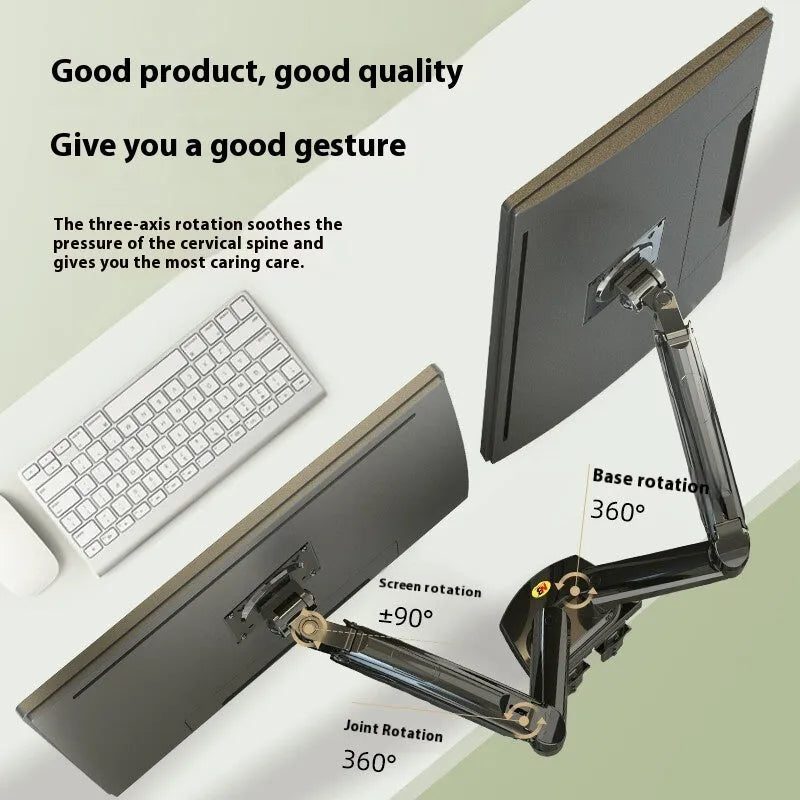 Gun black aluminium alloy dual monitor arm holding two screens on a desktop
