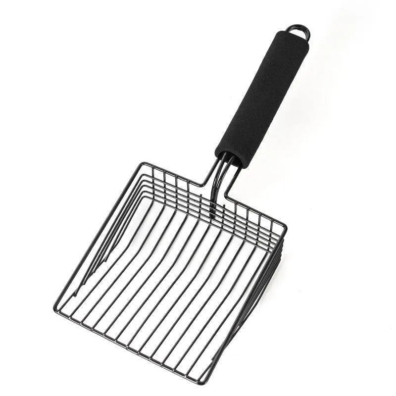 Black metal alloy cat litter scoop with long handle and 0.8cm sifting gap