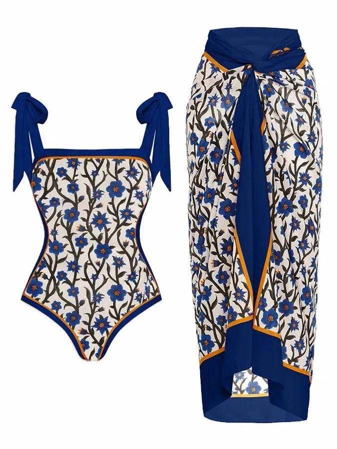 Women's floral print two-piece chiffon swimsuit with matching skirt in multiple colour options