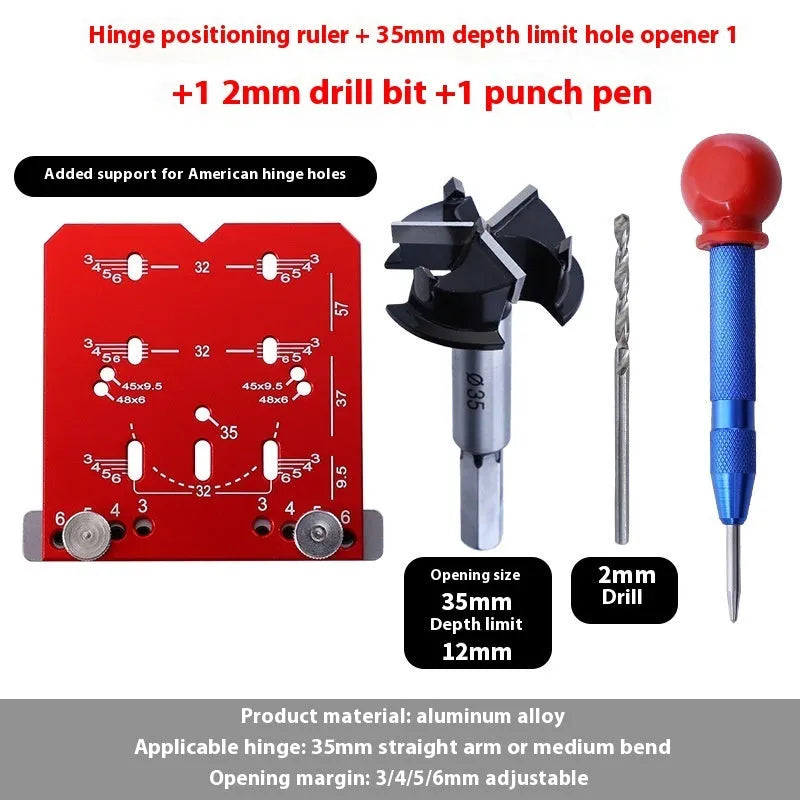 35mm adjustable hinge punch locator tool with red aluminium ruler and hard alloy tapper blade.