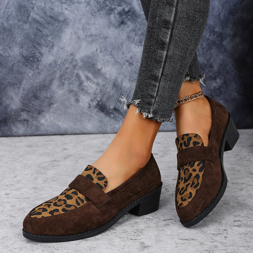Women's leopard print suede slip-on shoes with pointed toe and chunky mid heel