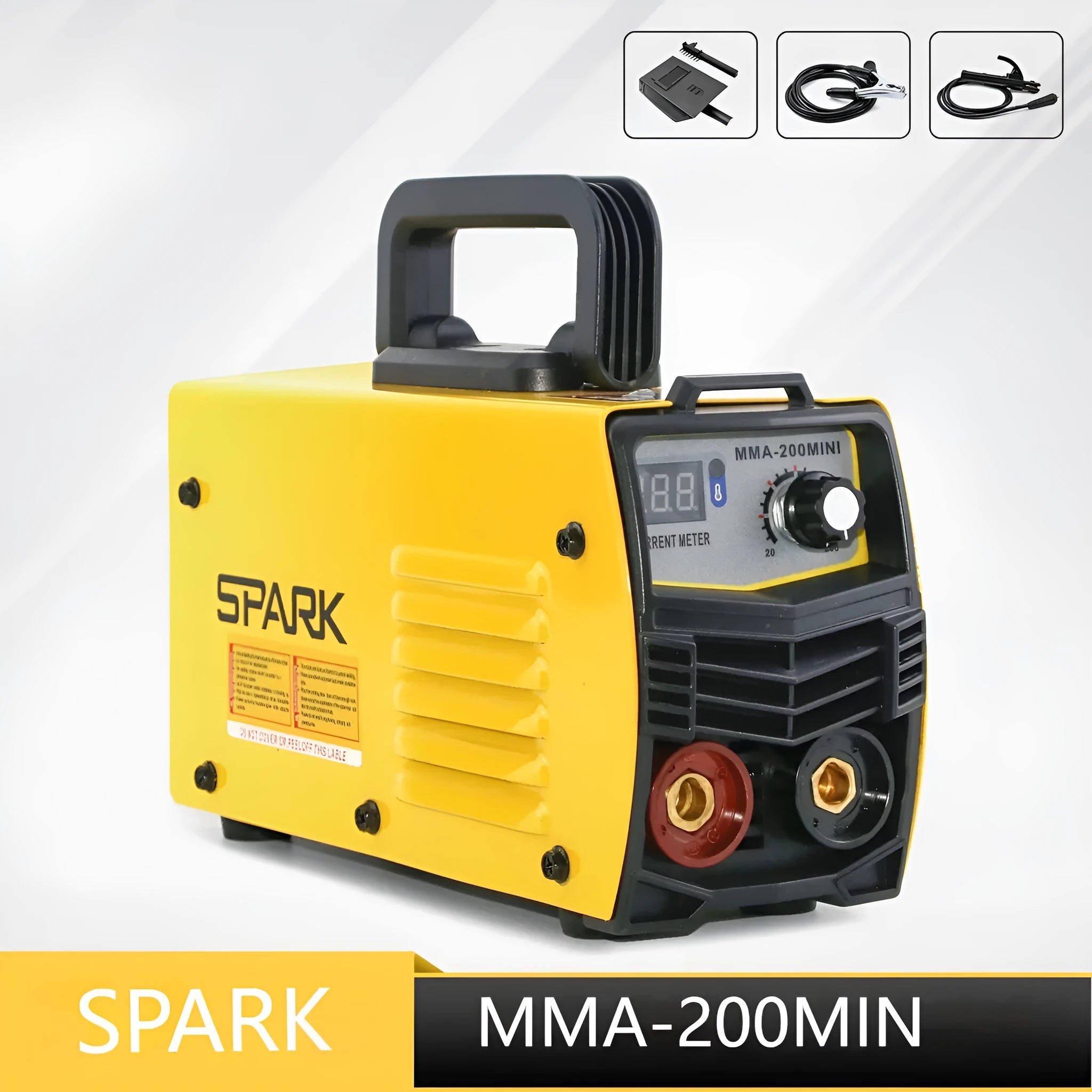 MMA-200MIN household DC welding machine with welding tongs, grounding clamp, face shield, and brush hanger accessories