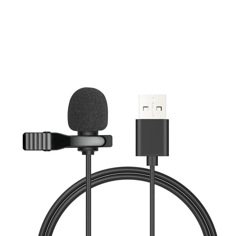 Wired lavalier clip-on microphone headset with 3.5mm plug on a 1.5m cable, compatible with iPhones and computers.