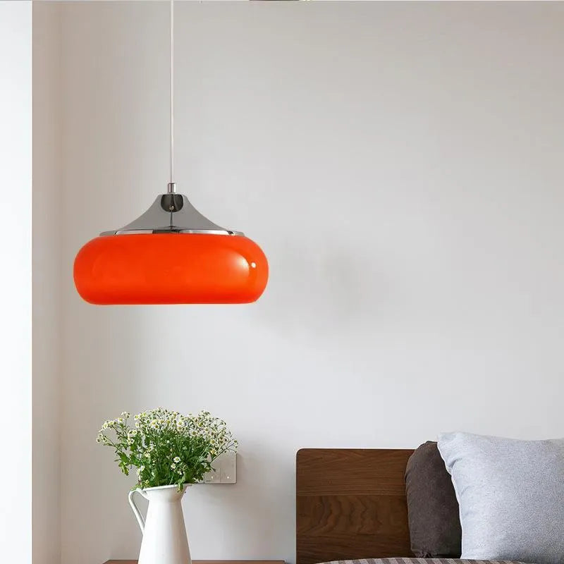 Bauhaus retro style glass pendant ceiling light with three egg tart shaped shades in milk white finish.