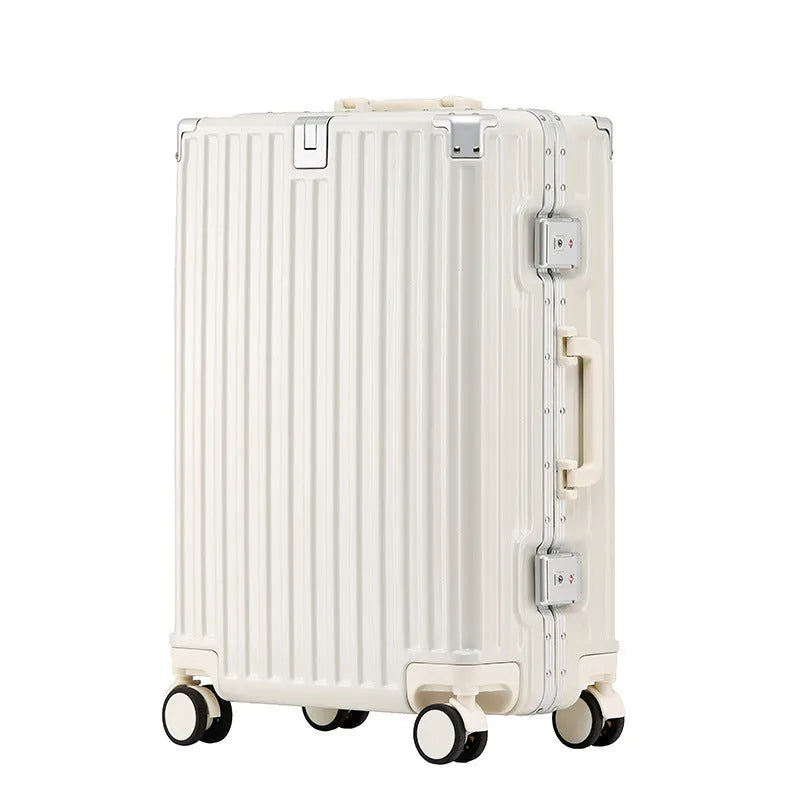 Aluminium frame trolley suitcase with USB port and universal wheels in avocado green colour.