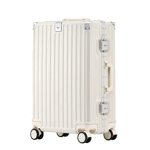 Aluminium frame trolley suitcase with USB port and universal wheels in avocado green colour.