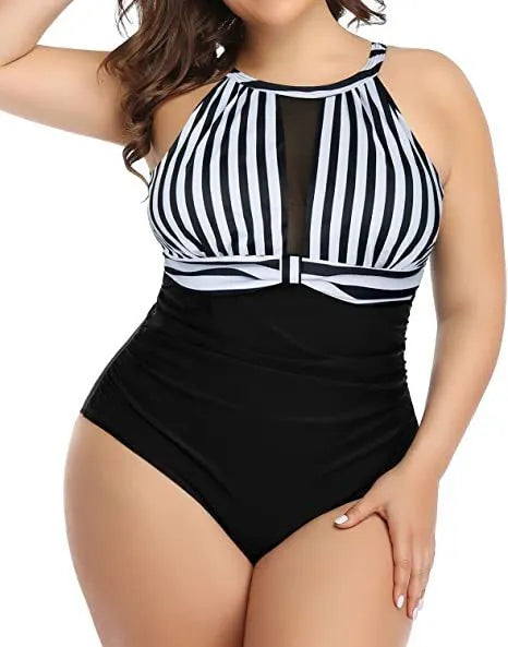 Women's black lace one-piece swimsuit on a hanger, plus size, European and American fit.
