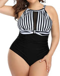 Women's black lace one-piece swimsuit on a hanger, plus size, European and American fit.