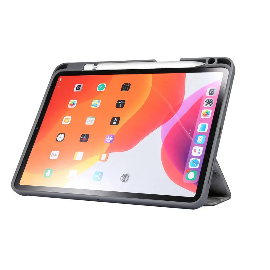 Tri-fold marbling design iPad case with pen slot in multiple colour options showing plane housing position