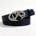 Casual silver alloy buckle on a brown PU leather belt with snap button fastening