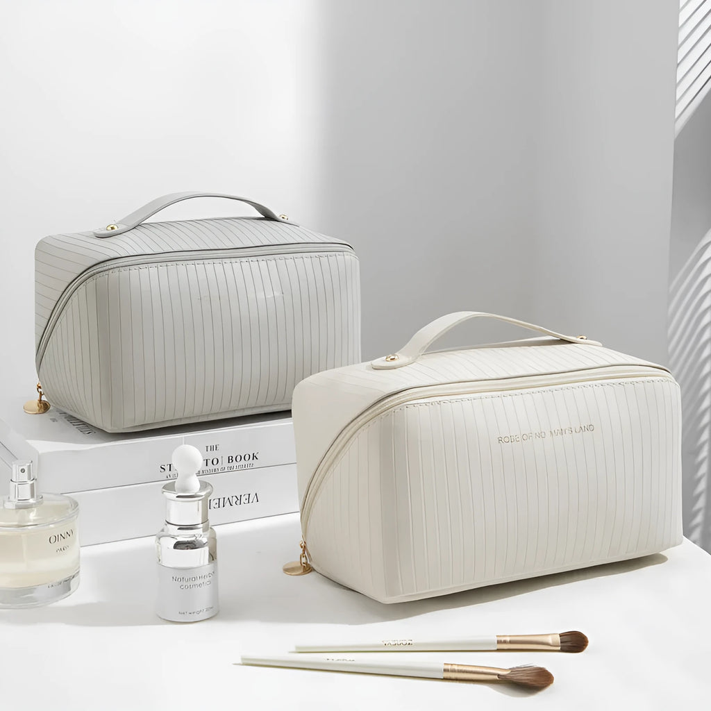 Vertical pattern PU makeup bag showing cubic 22.5cm shape in available colour options