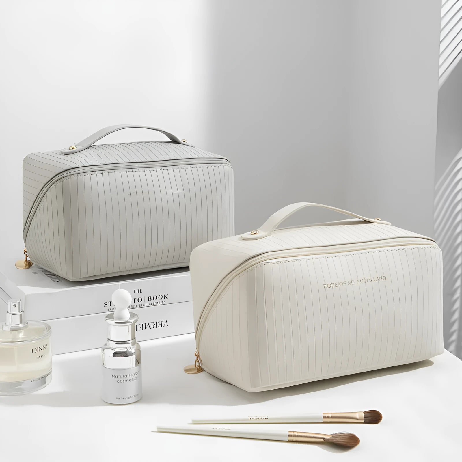 Vertical pattern PU makeup bag showing cubic 22.5cm shape in available colour options