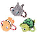 Turtle-shaped dog chewing toy with knot elements in grey green orange colours for medium large dogs