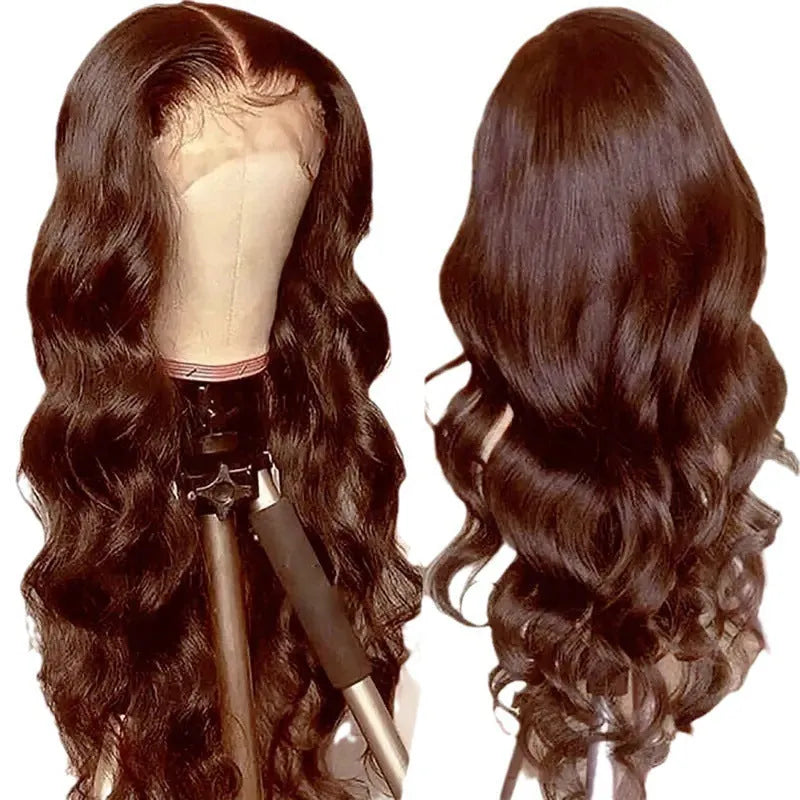 Dark brown long curly front lace wig with side bangs displayed at various lengths