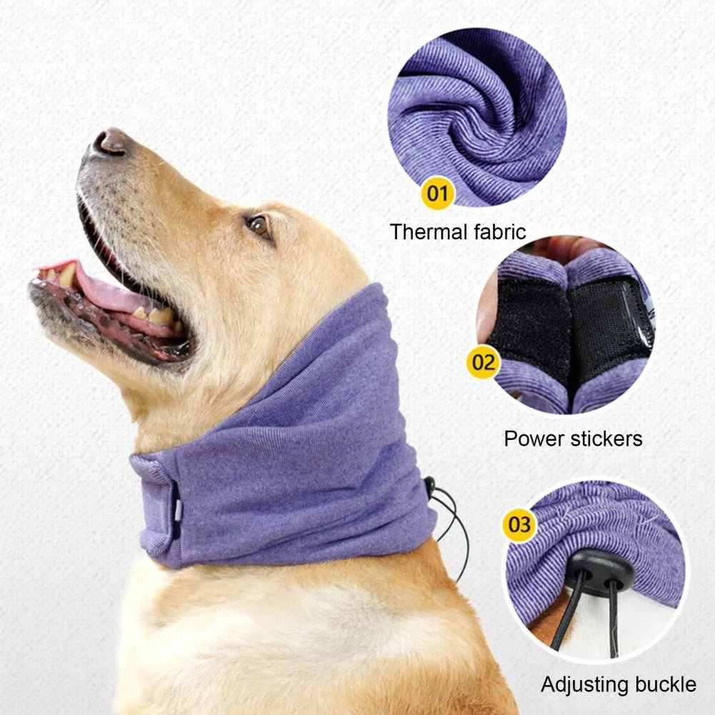 A black dog wearing a purple polyester calming hoodie that covers its head and ears.