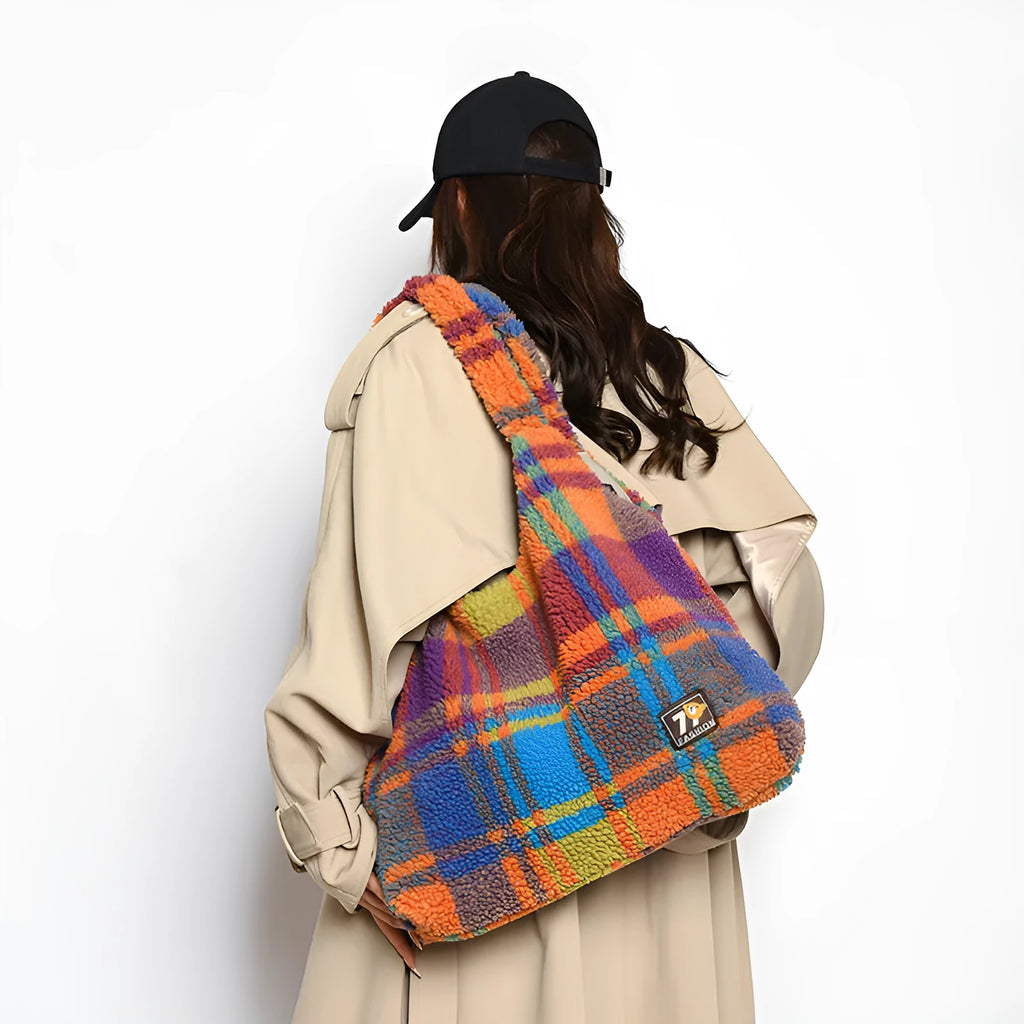 Women's plaid crossbody tote bag showing orange, purple, and army green options with large capacity design