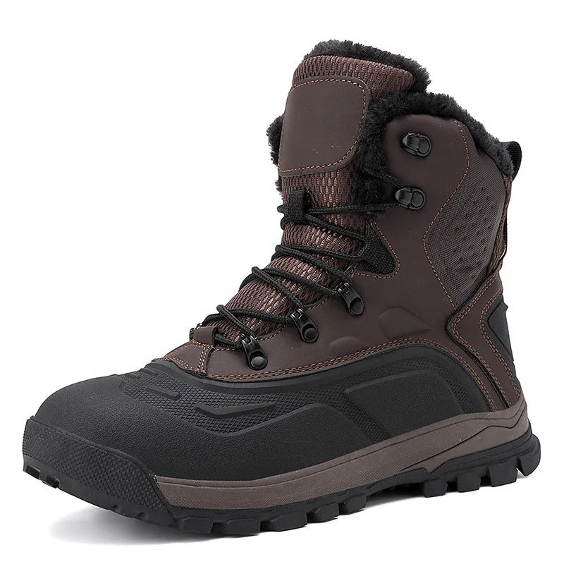 Fleece-lined high-top lace-up men's boots in black plus velvet or khaki, flat heel.