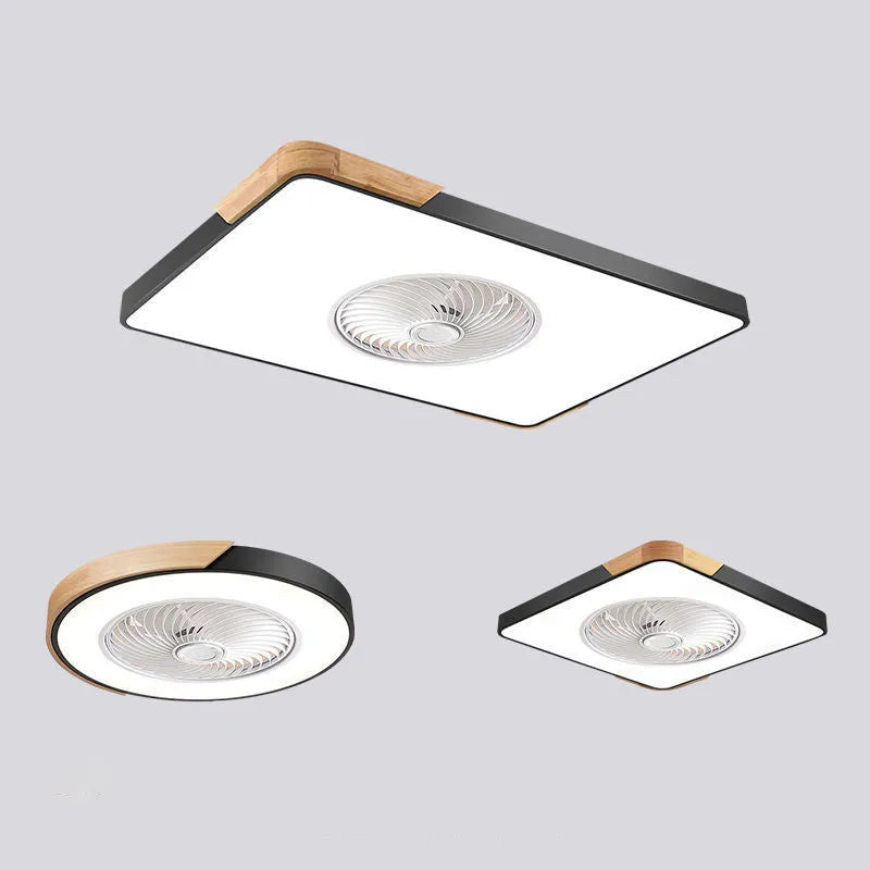 Nordic style wooden ceiling fan with integrated light fixture and PVC lampshade.