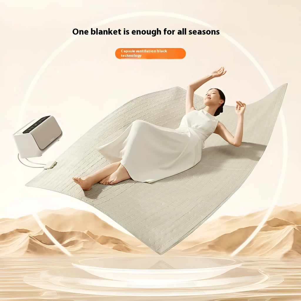 Large white electric water heating blanket with plush surface and separate smart host unit.