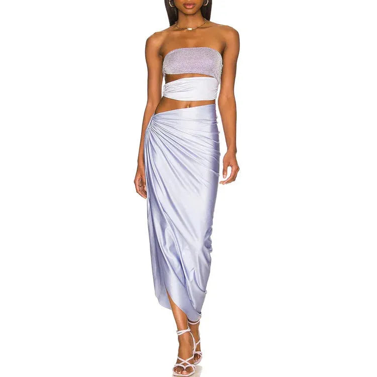 Purple women's swimsuit and wrap skirt set made from quick-drying polyester fabric