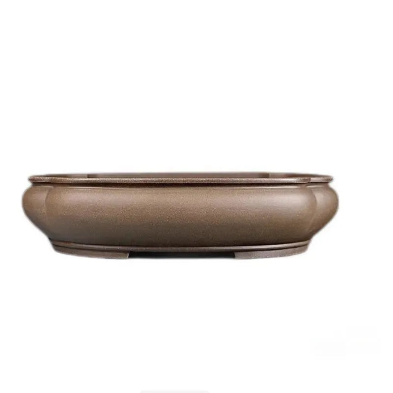 Handmade antique purple clay papaya-shaped flower pot shown from side displaying dimensions.