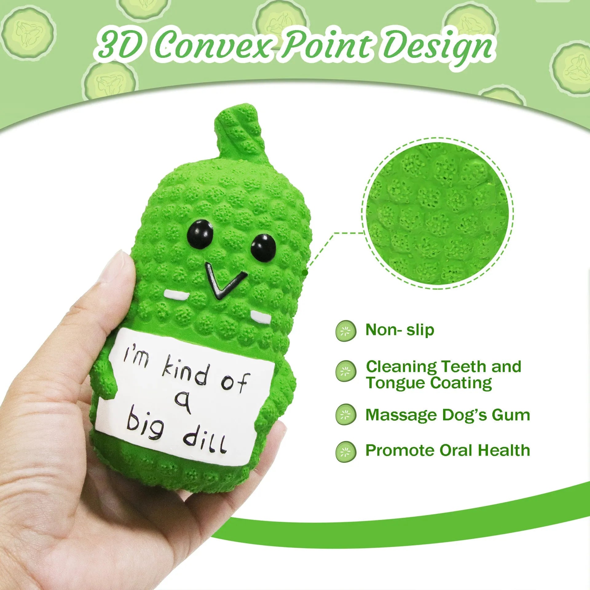 Green latex pickle-shaped dog chew toy with textured nubs and a squeaker.