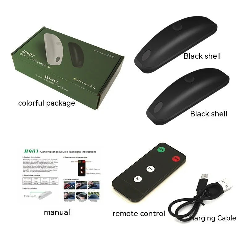 Car anti-collision strobe light with remote control showing white and black options