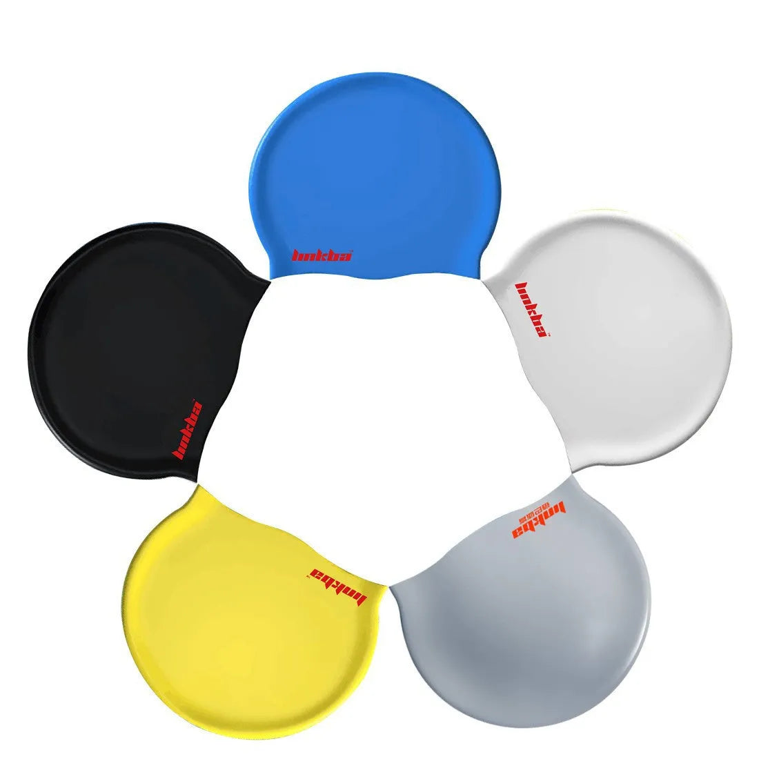 Silicone swimming cap with integrated waterproof earmuffs in multiple colours featuring a printed letter pattern.