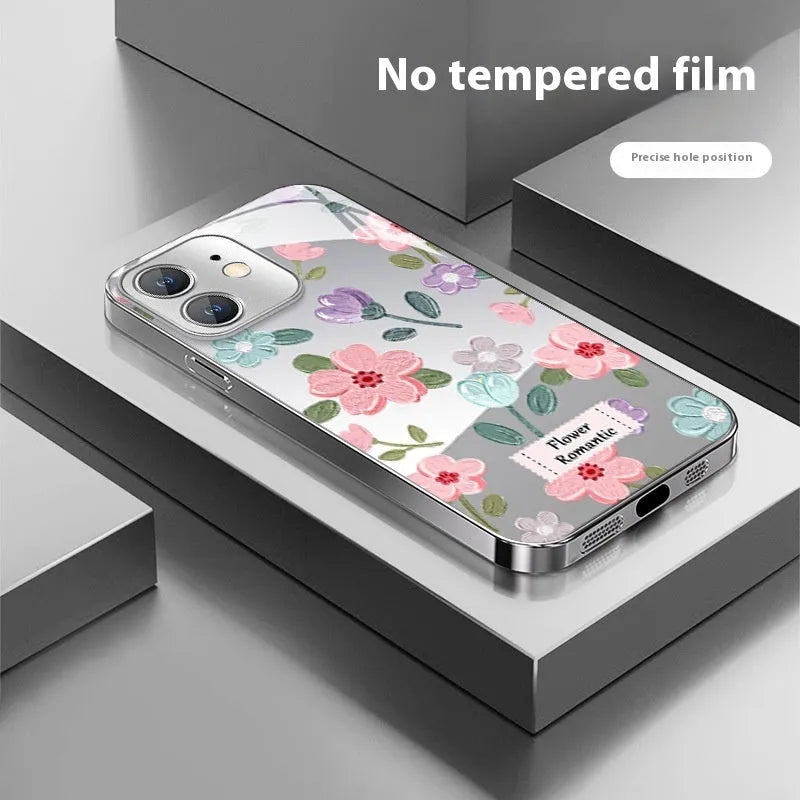 Silver grey electroplated mirror phone case with oil painting flower print on a glass back