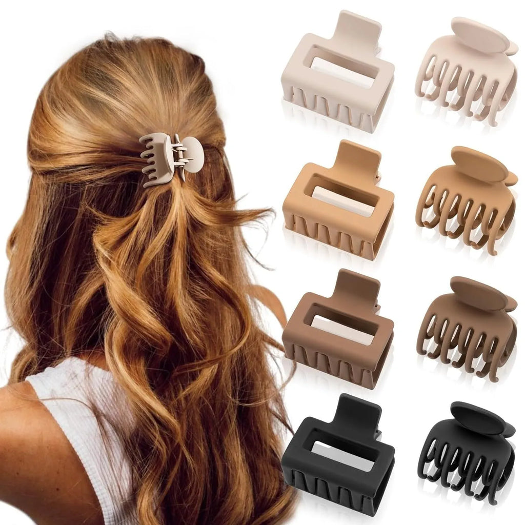 Six nude and rose red plastic hair clips with quadrilateral frosted grip design on white background