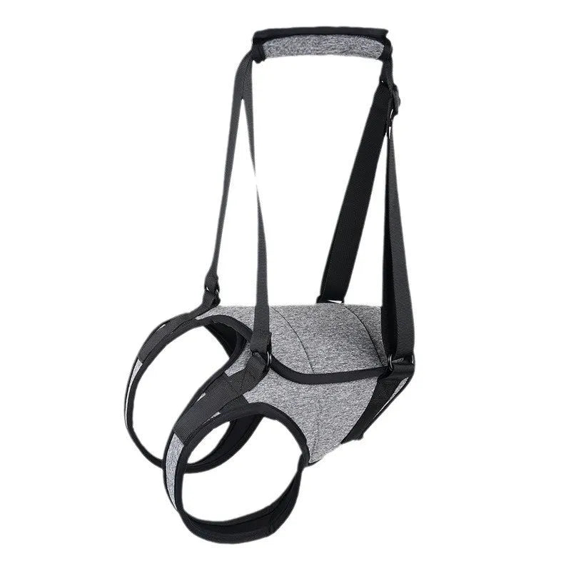 Grey neoprene dog hind leg recovery belt shown with sizing chart for waist and thigh measurements
