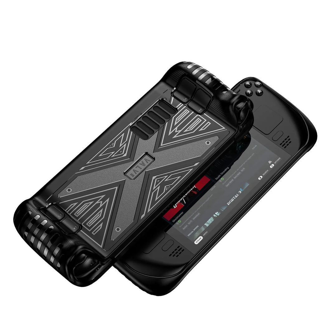 Steam Deck TPU protective case in black, blue, and red colour options showing precise console fit