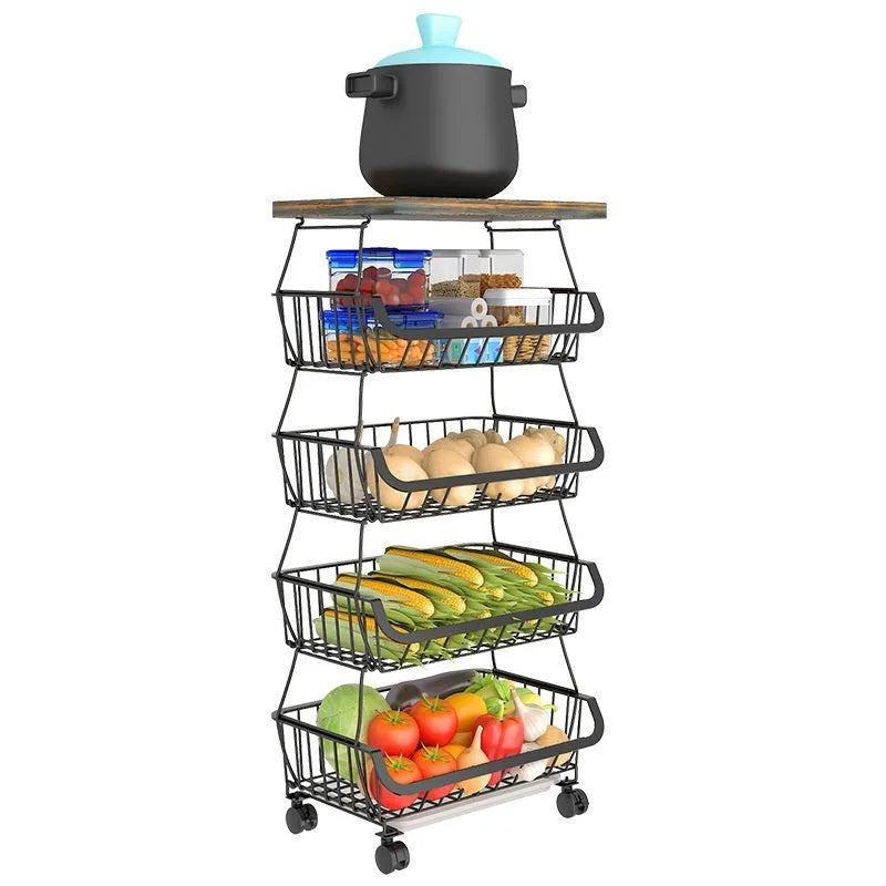 Black six-tier freestanding kitchen storage rack on floor