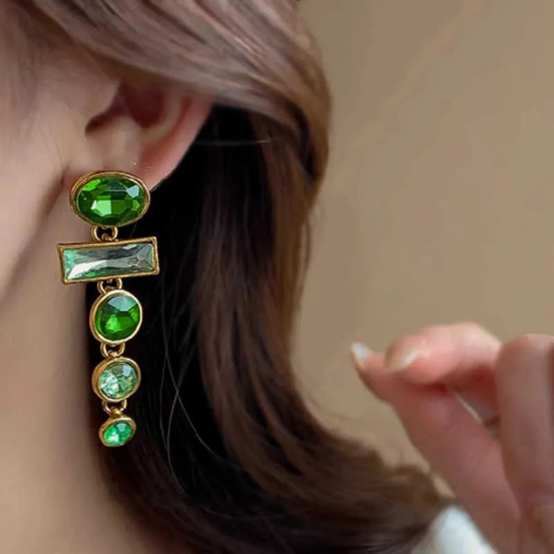 Geometric Chinese-style alloy earrings with green gradient colour, zircon inlay treatment and tassel detailing