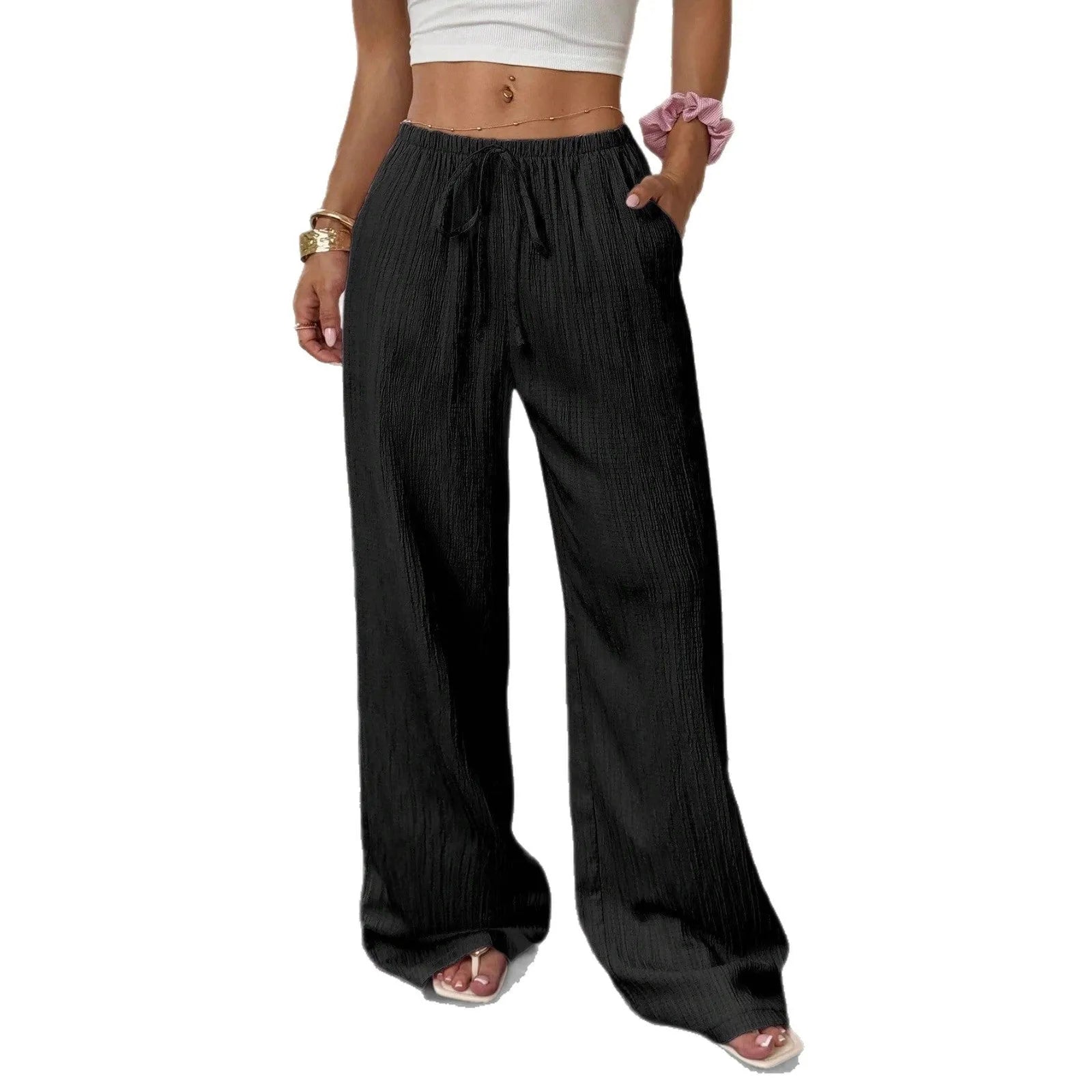 Women's black wide-leg trousers with lace-up waist detail front view