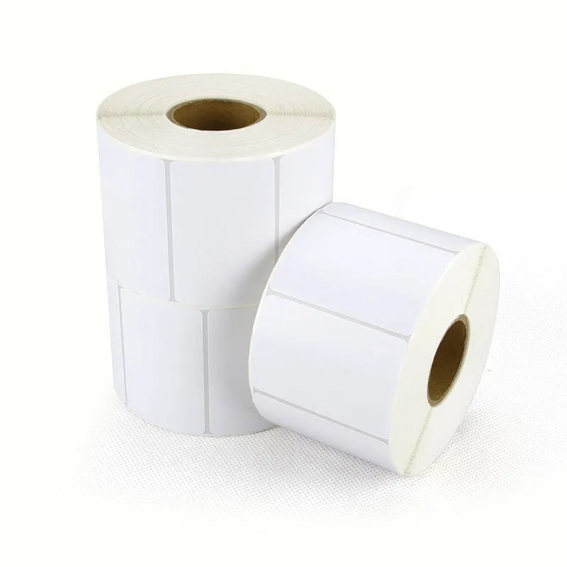 Roll of 160 white 40x40mm thermal synthetic paper labels with bright film finish for retail price tagging