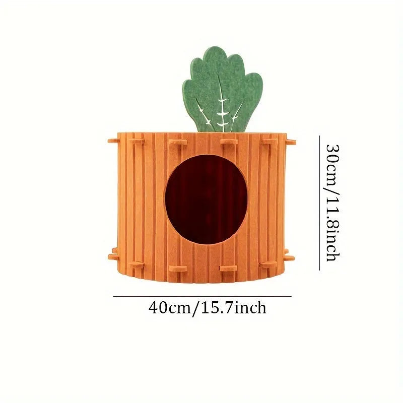 A semi-enclosed felt cat bed with an integrated tunnel, shown in two size options.