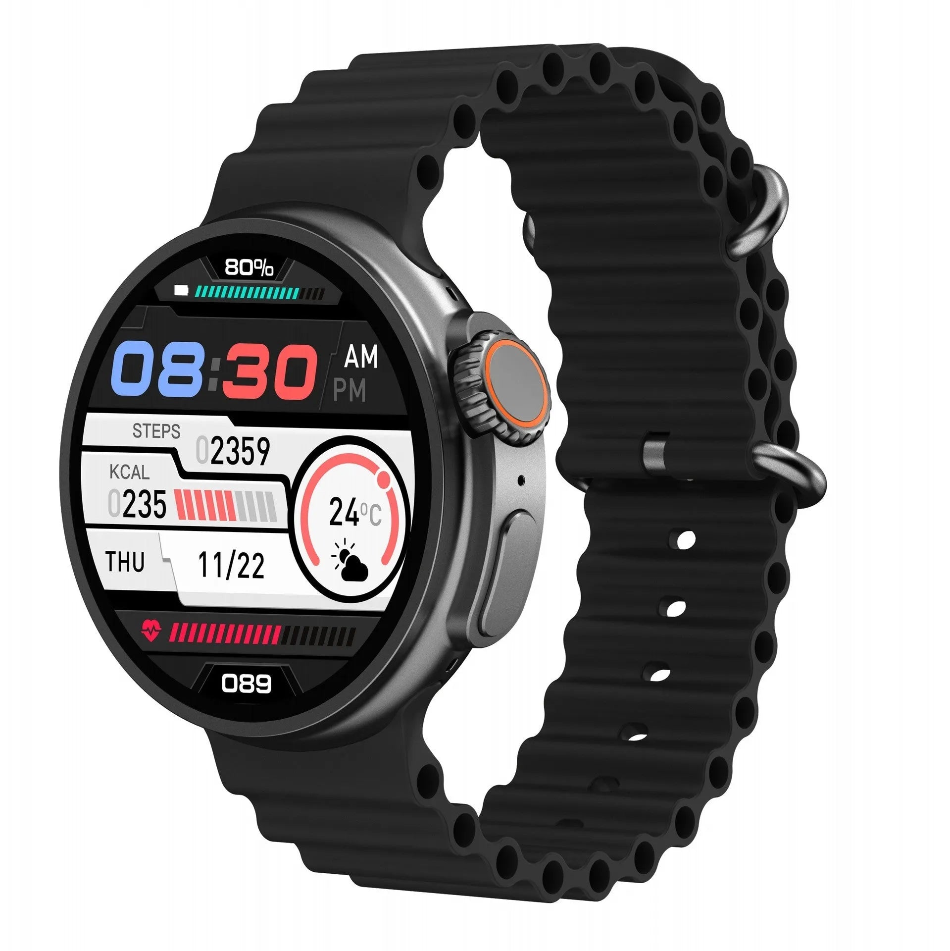 K9 smart watch with round screen showing health metrics and NFC payment capability