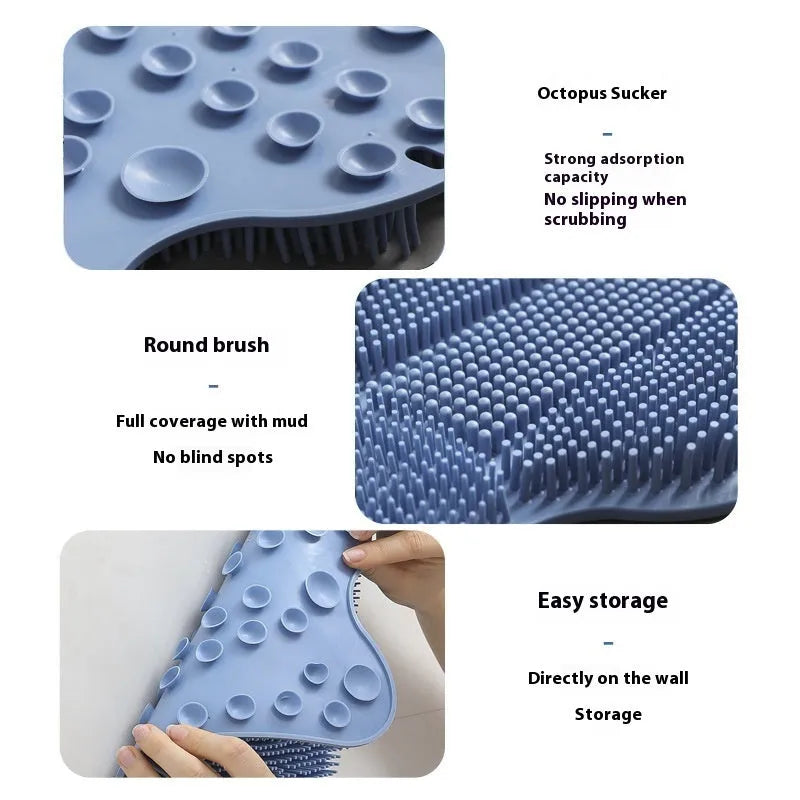 Blue silicone bath massage mat with long handle for back scrubbing.