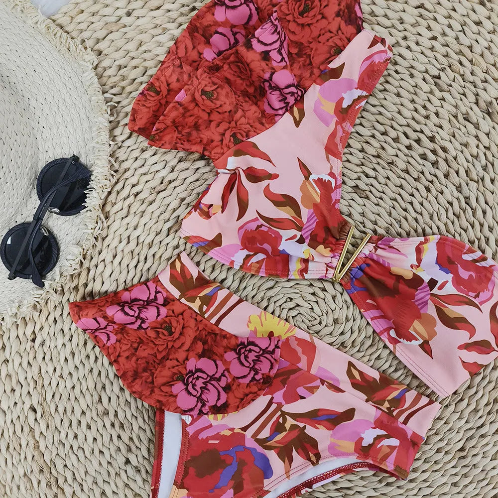 Women's one-shoulder ruffled bikini with printed floral pattern and high-waist briefs