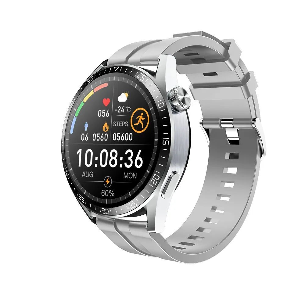 Black GS3 Max smartwatch on a silicone strap, showing a homescreen with health stats.
