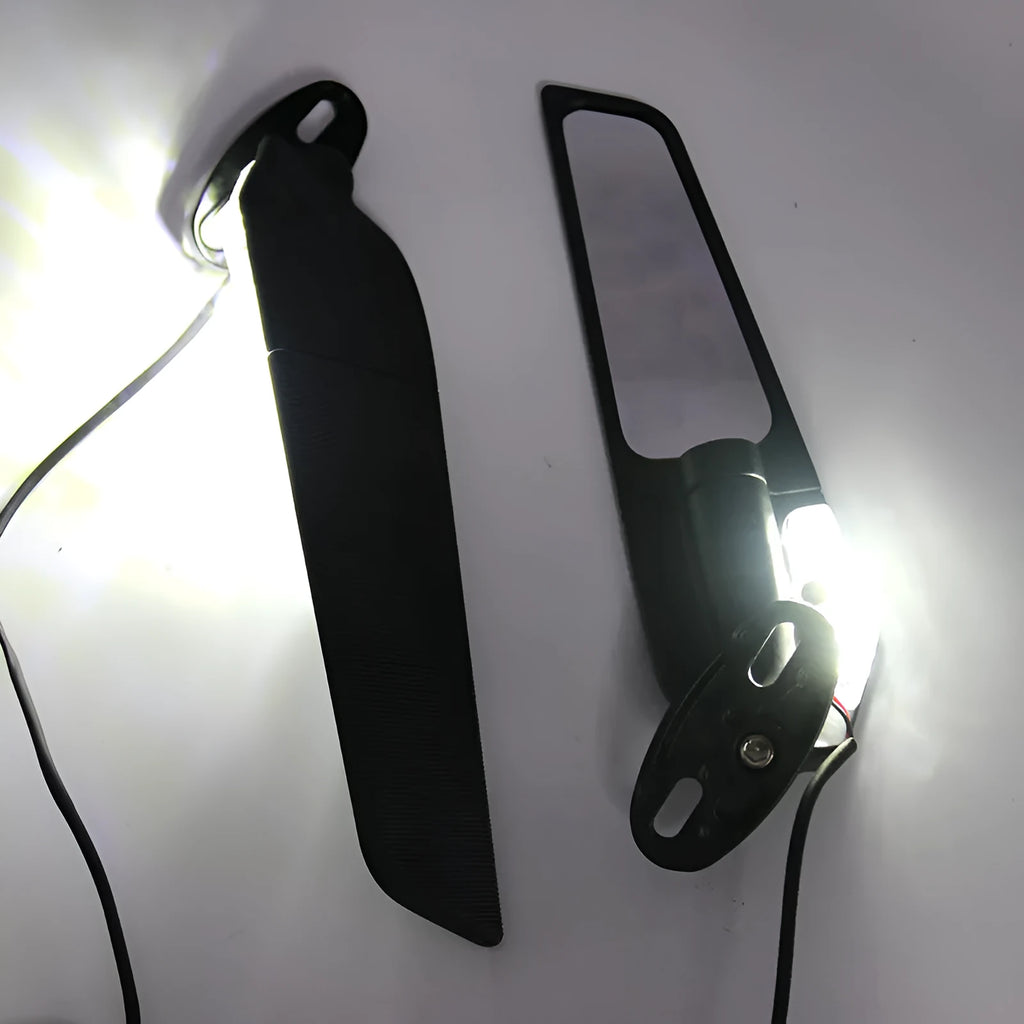 Pair of aluminium alloy motorcycle rearview mirror reflectors with convex glass lens and yellow LED light.