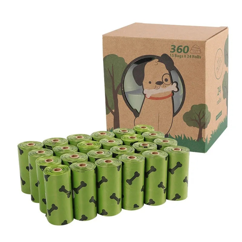 Degradable dog poop bags in military green with black bone print, showing roll format and bag dimensions