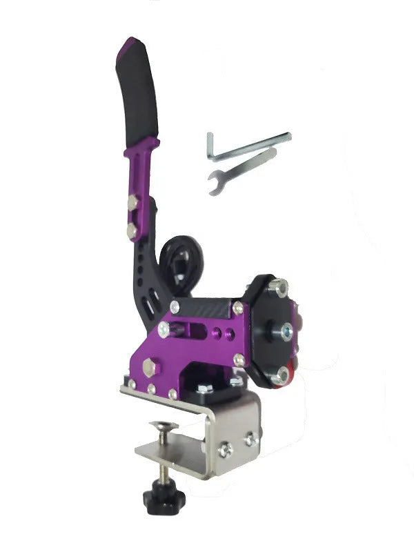 USB racing simulator handbrake with mounting clamp in choice of five colours on a grey background.