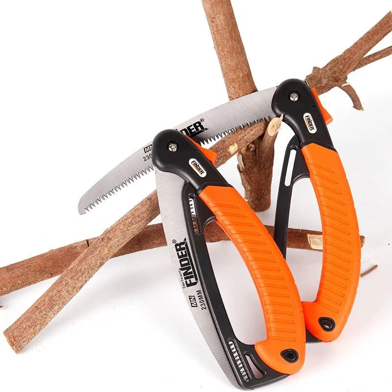 Folding garden hand saw with 230mm blade and TPR grip for branch cutting
