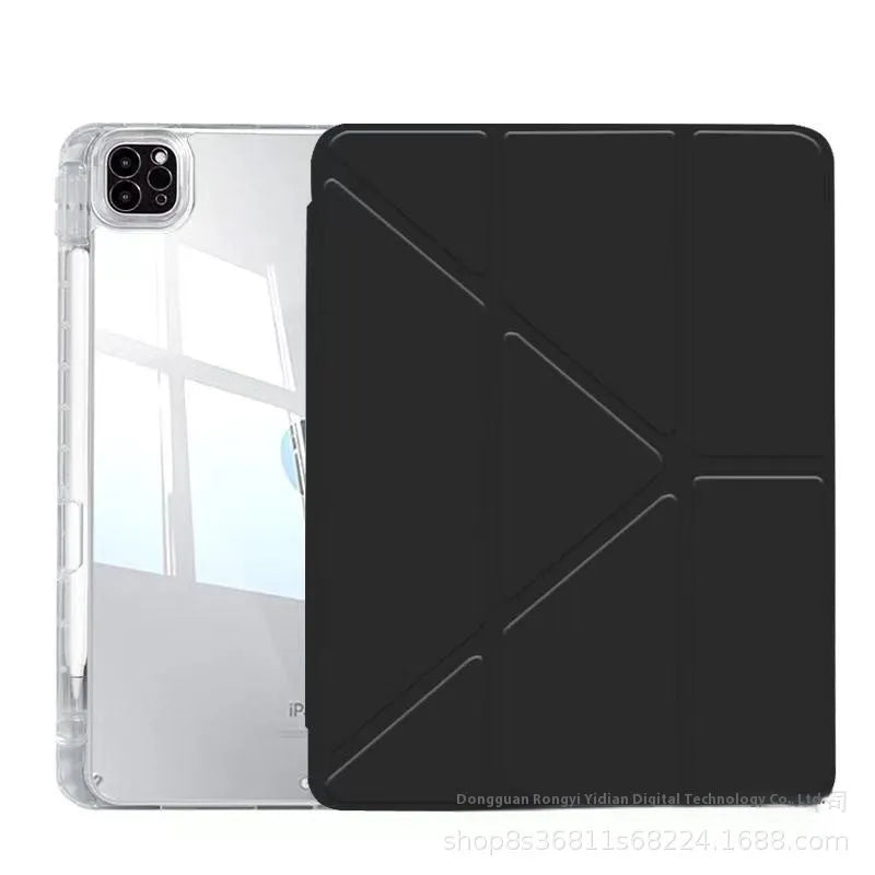Transparent acrylic iPad screen cover with a fold-out stand, shown in pink on a tablet.