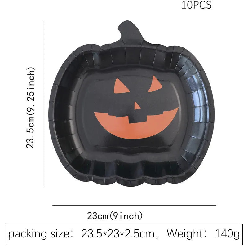 Black Halloween pumpkin design disposable paper plates in 9-inch size