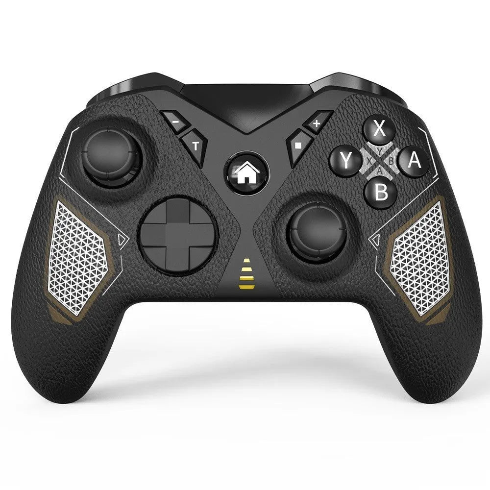 Black wireless Bluetooth gaming controller with leather-pattern texture on grips for Nintendo, PC and phone.